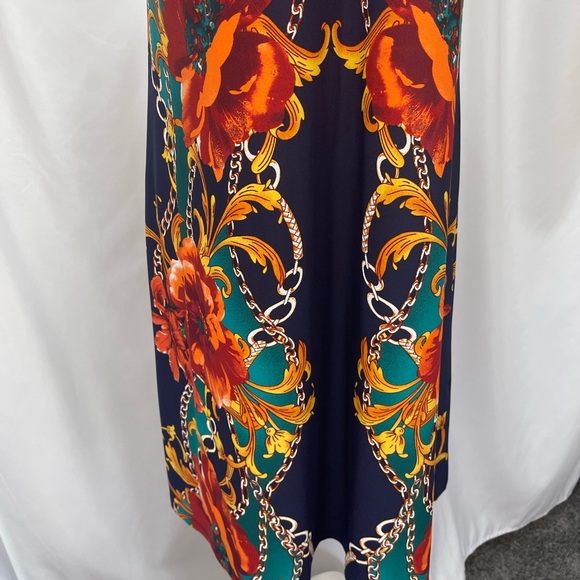 MSK Navy orange red Teal chain and floral print sleeveless dress women’s size M - Picture 11 of 16